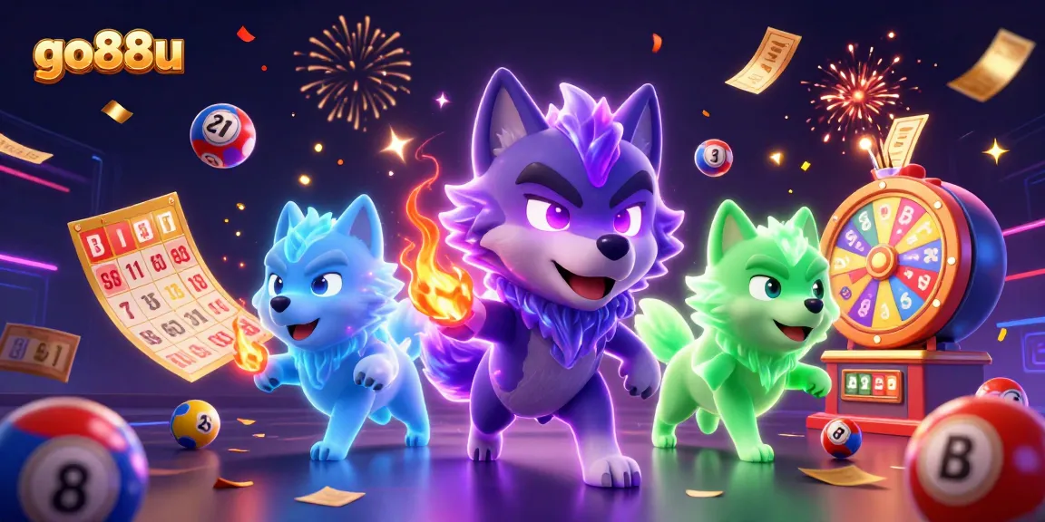 Experience thrilling moments with go88u in this vibrant illustration of a casino scene featuring dynamic lottery elements and ghostly wolves.