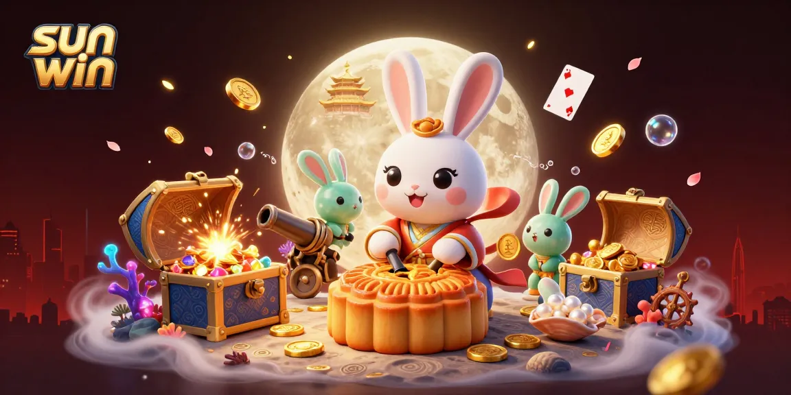 Experience sun win excitement with a vibrant moon rabbit scene revealing poker chips and treasures in 3D
