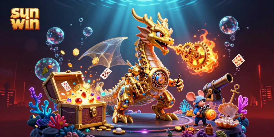 Breathe fire with the golden dragon at Sun Win's casino, surrounded by treasure and gaming elements.